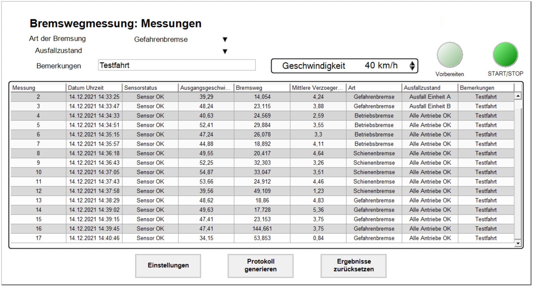 [Translate to Chinese (Simplified):] Report page for a braking distance measurement